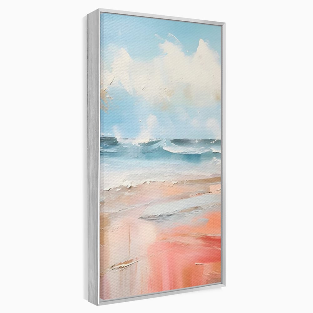 Tablou canvas cu tablou pictat cu peisaj marin abstract, in rama de aluminiu argintiu